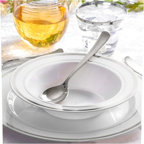 Efavormart.com Efavormart 10 Pack White 12oz Round Disposable Plastic Bowls with Silver Rim for Wedding, Party, Banquet, Home, Picnic, Outdoor, Dinnerware, Restaurants, Salads, Desserts, Cereals, Soups