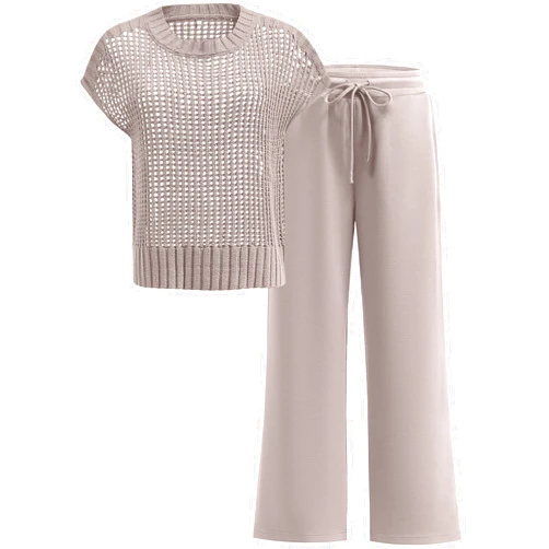 ANRABESS Women Two Piece Outfits Crochet Sheer Knit Sweater Top Wide Leg Pants Lounge Matching Sets Sweatsuit Travel Clothes