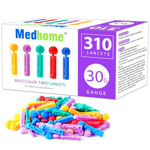Medhome Blood Lancets, Single use, 30 Gauge Twist top Lancets for Diabetes Testing, Fits Most Lancing Devices for Blood Sugar Kit and Glucose Meter - 310 Count per Box - Multi-Color