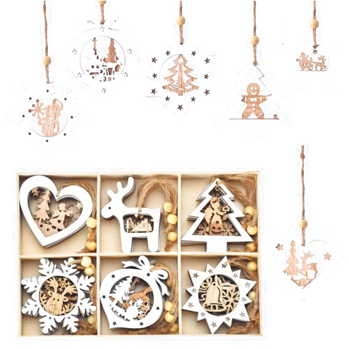 IDATOO Christmas Tree Ornaments Set of 24 Wooden Craved Hanging Craft Decorations for Winter Wonderland, 3D Rustic Farmhouse Christmas Ornaments Holiday Decor for Christmas Tree Home Office (White)