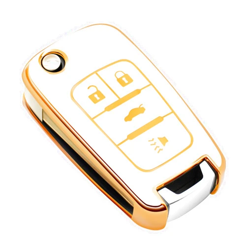 FEYOUN Key Fob Cover Compatible with Buick Encore Chevy Chevrolet Camaro Equinox Impala Sonic Trax GMC Terrain Flip 4 Buttons TPU Remote Keyless Key Fob Case Protection Shell Accessories, White