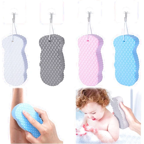 AZLNRMU 4Pack Ultra Soft Bath Body Shower Sponge, Resuable Exfoliator Dead Skin Remover, Super Soft Exfoliating Bath Sponge with 4 Sticky Hooks for Both Children and Adult( Blue, Pink,Grey White)