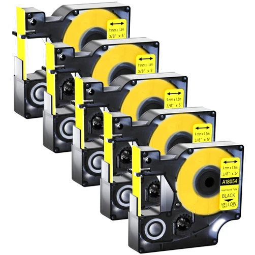GREENCYCLE Compatible for Dymo 18054 Heat Shrink Tubes Industrial Label Tape 3/8-Inch (9 mm) x 5 ft (1.5m) for use with DYMO Rhino 5200 4200 3000 5000 6000 Label Makers, (Black on Yellow, 5 Pack)