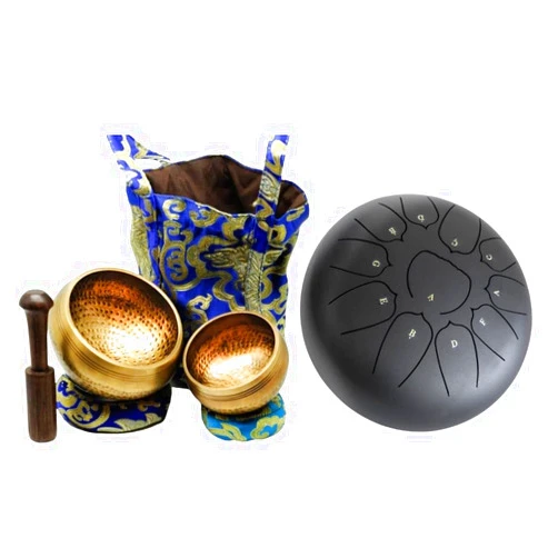 Cadushki Musical Instruments - 10 Inch Steel Tongue Drum Set, and Tibetan Singing Bowls set of 2. Deep Sounds.