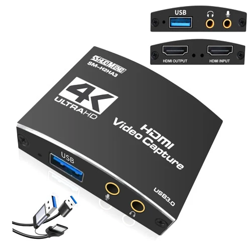 Shuomeng Capture Card for Streaming, USB C/A 3.0 Capture Card 4K HDMI Loop-Out, 1080P 60FPS Audio Video Capture Card for Gaming/Live Streaming, compatible with Switch/PS5/OBS/Camera/PC/Laptop