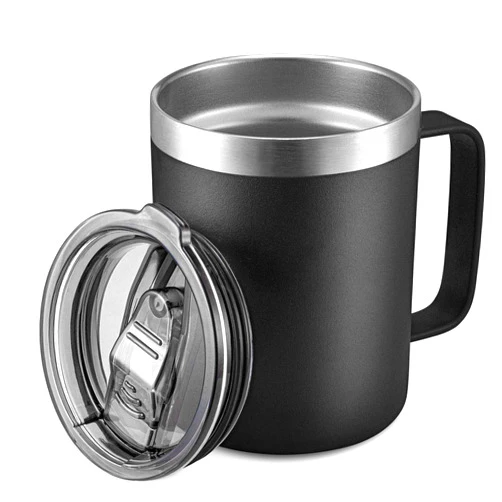 ALOUFEA 12oz Stainless Steel Insulated Coffee Mug with Handle, Double Wall Vacuum Travel Mug, Tumbler Cup with Sliding Lid, Black