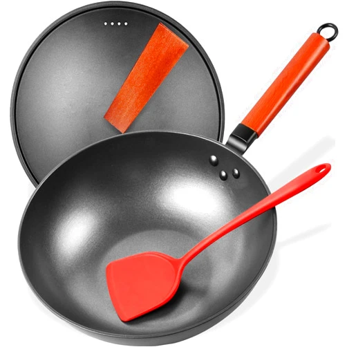 Anyfish Wok Pan with Lid, Woks & Stir Fry Pans with Silicone Spatula, Nonstick Wok and Carbon Steel Woks, No Chemical Coated Flat Bottom Chinese Wok For Induction, Electric, Gas, All Stoves, 13in