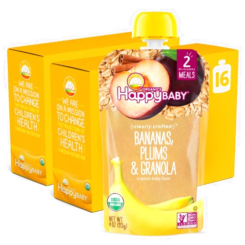 Happy Baby Organics Stage 2 Baby Food Pouches, Gluten Free, Vegan & Healthy Snack, Clearly Crafted Fruit & Veggie Puree, Apples, Bananas, Plums & Granola, 4 Ounces (Pack of 16)