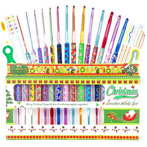 Coopay Christmas Crochet Gifts, 43PCS Warm Crochet Hooks Beginners B-N(2-10mm) Crochet Hook Set with Crochet Accessories, Longer Aluminum Shaft Crochet Needles Art Grip Crochet Set for Arthritic Hands