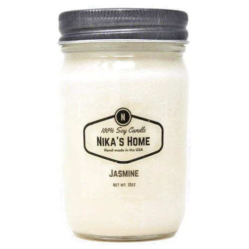 Nika's Home Jasmine Soy Candle 12oz Mason Jar Non-Toxic White Soy Candle-Hand Poured Candle- Handmade, Long Burning 50-60 Hours Highly Scented All Natural, Clean Burning Large Candle Gift Décor