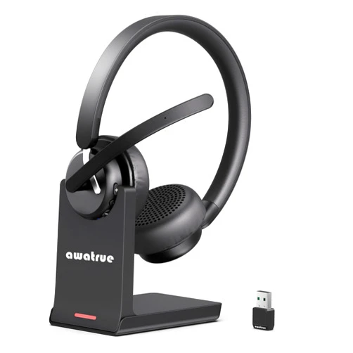 Awatrue Wireless Headset, Bluetooth Headset with AI Noise Cancelling Microphone & Charging Base, 2.4GHz Wireless Headphones with USB Dongle for PC/Computer/Laptop/Remote Work/Call Center/Zoom