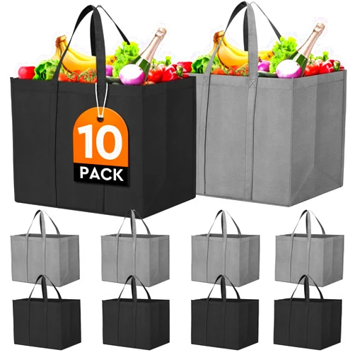 WISELIFE Reusable Grocery Shopping Bags 10 Pack Large Foldable Tote Bags Bulk, Eco Produce Bags with Long Handle for Shopping Groceries Clothes (Grey&Black)