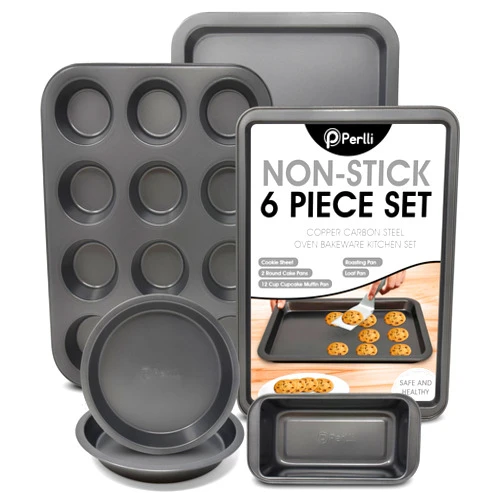 Perlli Baking Set 6 Nonstick Carbon Steel Oven Safe Gray PTFE PFOA Free Bakeware - Cookie Sheet, 2 Rounds, 12 Cup Muffin Pan, Roaster & Loaf Pan