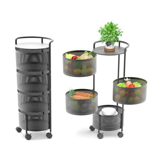 JAQ Rotating Kitchen Storage Rack No Assembly, 4-Tier Metal Storage Tower Basket Shelves Organizer on Rolling Wheels with Removal Drawers for Fruit Vegetable Grocery Corns Potato Onion (4-Tier, Black)