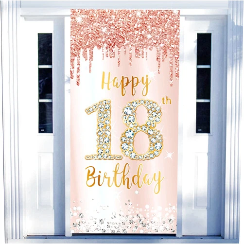 Excelloon Happy 18th Birthday Door Banner Backdrop Decorations for Girls, Pink Rose Gold 18 Birthday Party Door Cover Sign Supplies, Eighteen Year Old Birthday Poster Background Photo Booth Props Decor