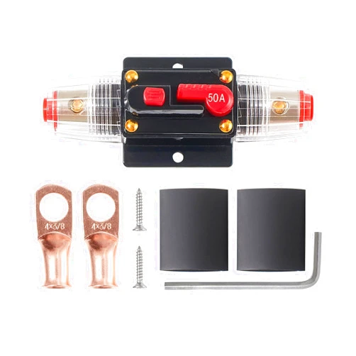NuIth 50A Car Audio Inline Circuit Breaker with Manual Reset, 4-12 Gauge Auto Inline Fuse Breaker with Wire Lugs and Heat Shrink Tube 12V-24V DC for Car Audio Stereo Switch and Solar Inverter System