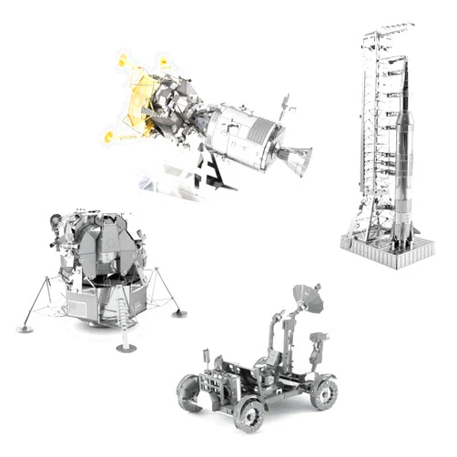 Fascinations Apollo 3D Metal Model Kits Set of 4 - CSM with LM, Lunar Module, Rover, Saturn V with Gantry