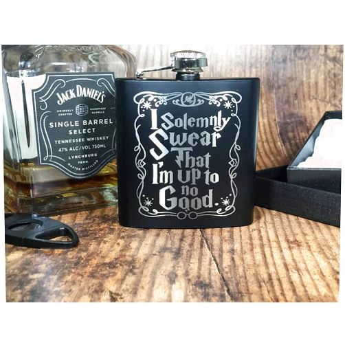 Designs by Dake Engraved I Solemnly Swear I Am Up to No Good Black Flask with Gift Box