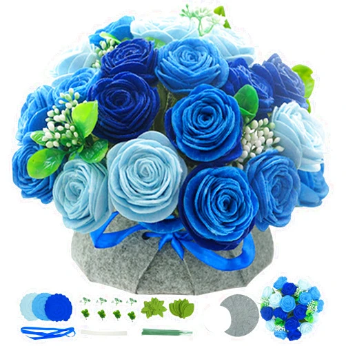 BAZIMA ALICE BAZIMA DIY Felt Flower Art Craft Kit, DIY Felt Blue Rose Pot Bonsai Kit, Floral Gifts,Beginner Craft Kit,Arrange Pre-Cut Felt Flowers and Foliage