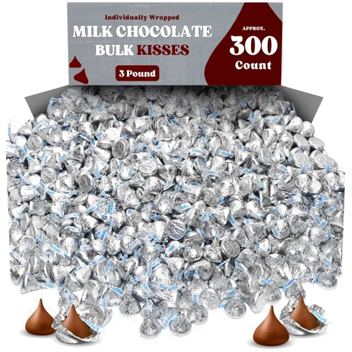 Taboom Hershey Bulk Milk Chocolate Classic Silver Kisses - 3lb Bag Approx 300 Pieces Individually Wrapped Sliver Foiled Chocolate Candy For Party Favor Treats, Gifts & Special Occasions