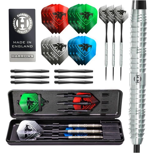 Harrows Sabre 90% Tungsten Steel Tip Darts Set I 21g to 26g All Weights Available I Huge 24pcs Bundle with Spare Shafts, Prime Flights & Travel Case