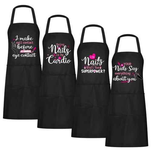 Mepase 4 Pieces Nail Tech Aprons with Pockets Funny Quotes Apron for Nail Technician Manicurists Art Supplies for Salons Cosmetology Smock