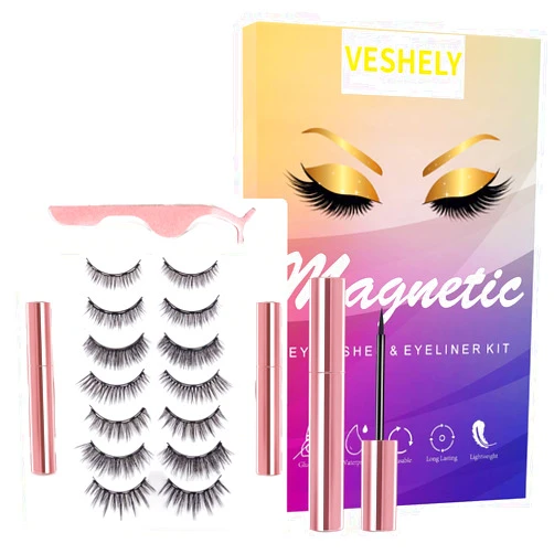 VESHELY Magnetic Eyelashes with Eyeliner Kit,3D 7 Pairs Natural Look False Lashes Set Short and Long, Reusable Waterproof Magnetic Liners - No Glue Needed