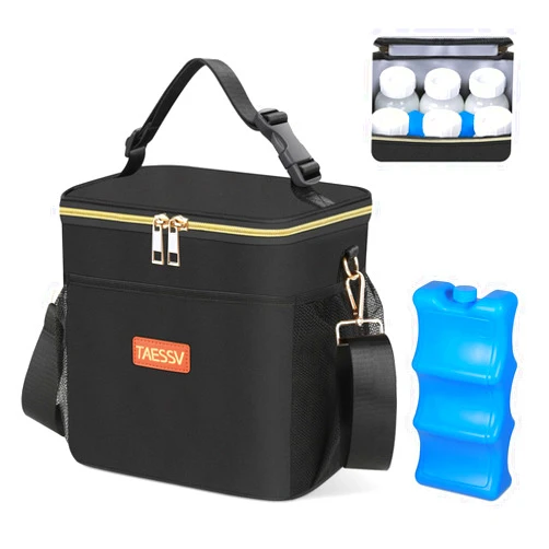 Taessv Breastmilk Cooler Bag with Ice Pack - Insulated Baby Bottle Cooler Tote Bag Fits 6 Bottles Up to 11 Oz Breast Milk Cooler Travel Bag Perfect for Nursing Mom Daycare Easily Attaches to Stroller, Black