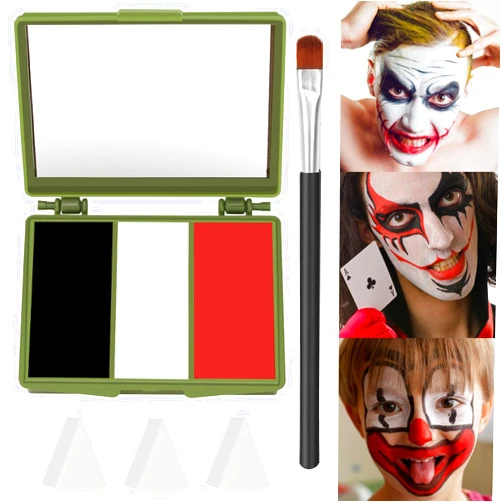 VPCRT6 Clown Black White Red Face Paint,Professional 3 in1 Body Paint With 3 Brush Halloween Makeup Kit Face Paint Clown Cosplay Costume Joker SFX Zombie Face Painting White Makeup