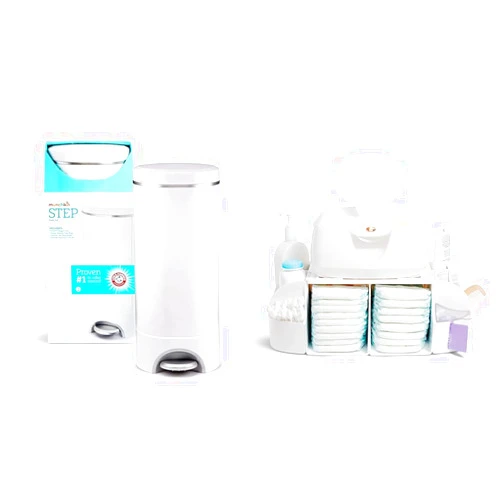 Munchkin Step Diaper Pail and Diaper Change Organizer Bundle - Award-Winning Odor Control Pail Includes 1 Refill