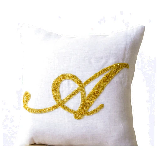 Amore Beaute Handmade Monogrammed Decorative Pillow Cover in White Linen - Customized Monogram Pillow Cover - Gold Sequin Monogram Throw Pillow Cover - Cursive Initial Pillow Cover (18 x 18)