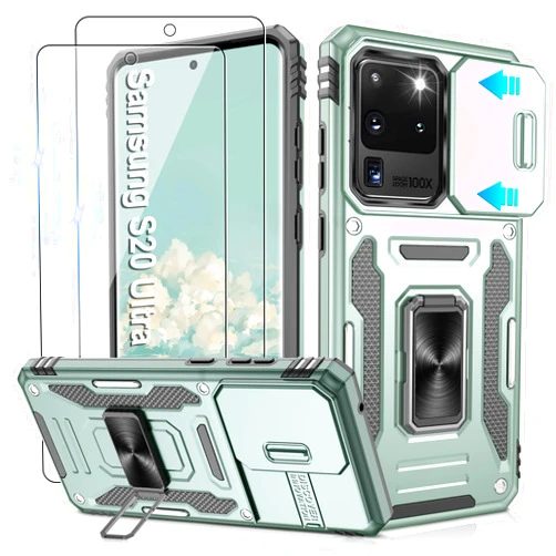 Gritup for Samsung Galaxy S20 Ultra Case with 2-Pack HD Screen Protectors and Slide Camera Cover，14FT Military Grade Drop Protection，360° Rotation Magnetic Holder，for S20Ultra Cases,Alpine Green