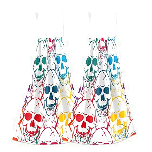KOCOART Sugar Skulls Kitchen Towels Halloween Skeletons Hanging Hand Towel Colorful Dish Tie Towel with Loop 2PCS, Soft Super Absorbent Fingertip Towel for Bathroom Decor 12x17 In