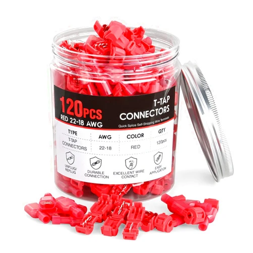 Nilight 120PCS/60 Pairs Quick Splice Disconnect Wire Terminals T-Tap Spade Wire Connectors Red 22-16 AWG Male Female Fully Insulated Electrical Wire Crimp Self-Stripping Kit