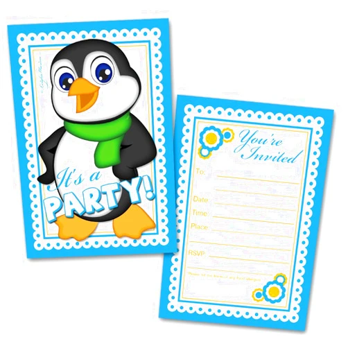 Leigha Marina Boy Penguin Party Invitation Cards for Kids, 20 Invites & 20 Envelopes - Fill in the Blank Greeting Notes - Multi-Use, Birthday, Themed Celebration