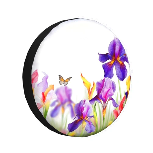 FJWSLCH Iris Flower Butterfly Spare Tire Cover Weatherproof Automotive Wheel Cover Waterproof Dust-Proof Tire Protectors Travel Trailer Camper Tire Covers Universal 14 inch