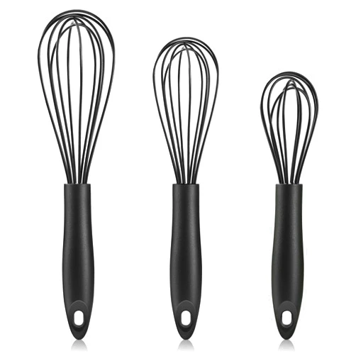 Cerpourt Silicone Whisk,Heat Resistant Non Scratch Whisks Set of 3,Stainless Steel & Silicone Wisk for Cooking,Kitchen Whisk For Nonstick Cookware,Balloon Egg Whisk Perfect for Blending,Beating,Frothing-Black