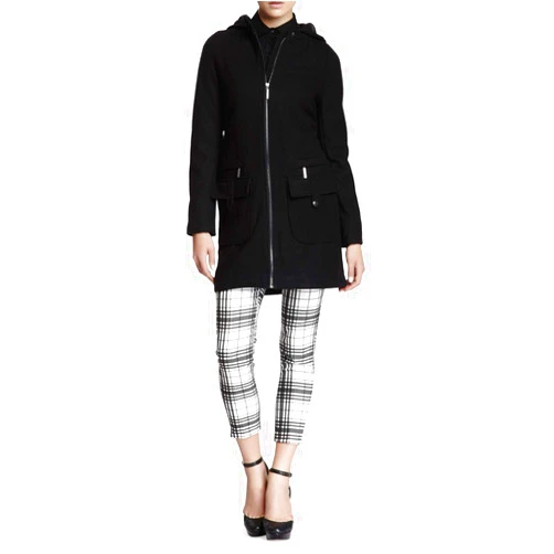 Vertigo Paris Women's Wool Blend Hooded Coat Long Sleeve Zip Up Overcoat Jacket - Black - Medium