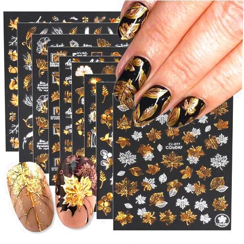 Xiannaipai 9 Sheets Bronzing Fall Nail Art Stickers 3D Metallic Self-Adhesive Maple Leaf Nail Decals Thanksgiving Nail Supplies White Laser Gold Leaves Flower Nail Designs Sticker for Women Manicure Accessories