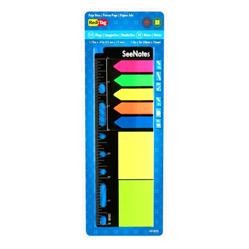 Redi-Tag SeeNotes Page Boss - Page Flags/Sticky Notes on a Ruler, 125 Arrow Flags, 50 Sticky Notes, Assorted Neon Colors, 1-Pack (31073)