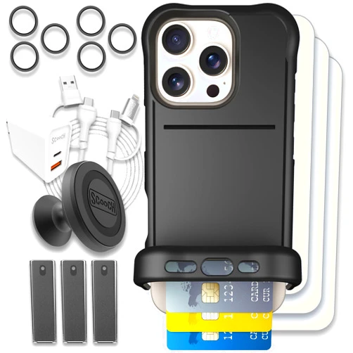 Scooch® Wingmate for iPhone 16 Pro [Ultimate Bundle] with 3 Tempered Glass Screen Protectors, 2 Camera Lens Protectors, Wingmount, 3 Tech Sprays, JuicePlug, JuiceCord 4-in-1 (Black)