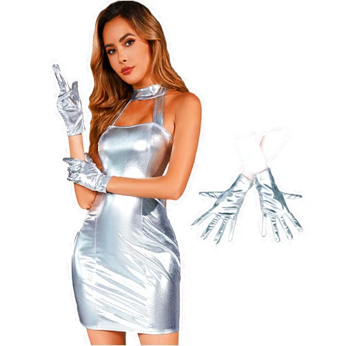 PAINEOMN Vanessa Kensington Costume Silver Dress Women Metallic Dresses Halter Neck Sleeves Mini Dress for Halloween Party