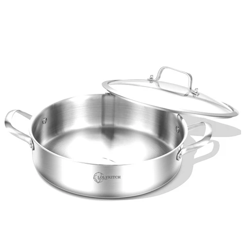 LOLYKITCH 12 Incn Tri-Ply Stainless Steel 6 QT Sauté Pan with Lid,Deep Frying pan,Large Skillet,Jumbo Cooker,Induction Pan,Dishwasher and Oven Safe.