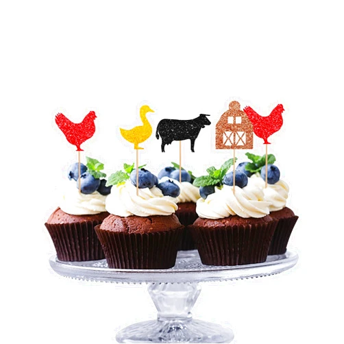 MAONICA 24Pcs Farm Animals Cupcake Toppers, Farmer Birthday Party Cake Decoration, Red&Gold Glitter Duck Rooster Cupcake Picks for Barnyard Birthday, Farm Animal Themed Baby Shower Party Decoration