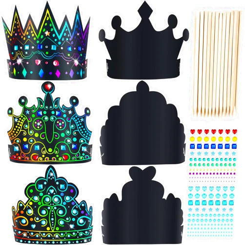 Lewtemi 110 Pcs Paper Crowns Set Scratch DIY Paper Crowns with Rainbow Crown Headband Hats Wooden Styluses Craft Elastic Bands Colorful Gem Jewels Stickers for Boys Girls Adults DIY Decorate