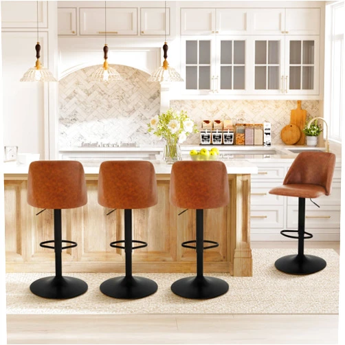 COLAMY Bar Stools Set of 4, Modern Swivel Bar Chairs, Adjustable PU Leather Upholstered Barstools Counter Height with Full Backrest for Bar, Dining Room, Kitchen Island, Brown