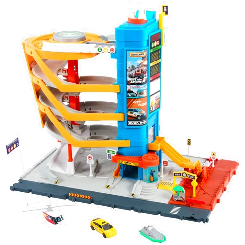 Matchbox Toy Vehicles & Playset, Transportation Center with 5 Levels, Kid- & Car-Activated Features, 1:64 Scale Taxi, Boat & Helicopter & Food Vendor