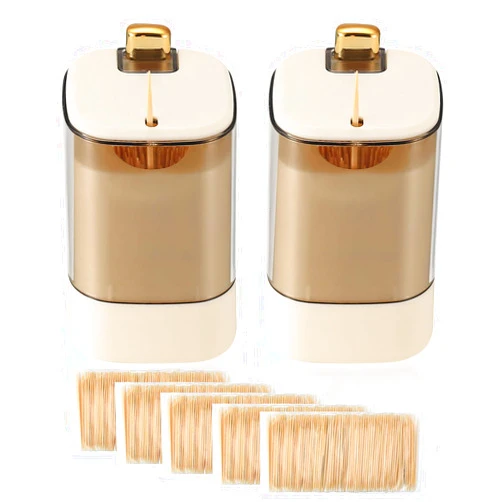ALAHUGYEF 2 Pcs Toothpick Holder Dispensers, Automatic Toothpicks Container, Storage Dispensers Box, with 1,000 Toothpicks-Beige
