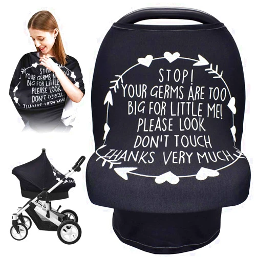 Metplus Car Seat Covers for Babies, Nursing Breastfeeding Cover Infant Carseat Canopy, Soft Stretchy Carrier Cover for Stroller High Chair Shopping Cart, Newborn Boy Girl Shower Gift - Stop No Touching Sign