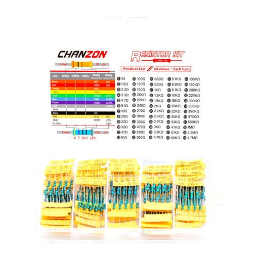 Chanzon 60 Values 1/4W (0.25 watt) Metal Film Fixed Resistor Kit 300pcs 1R-4.7MR Ω ohm ±1% Tolerance 0.01 MF Through Hole Resistors Current Limiting Rohs Certificated 1/4 watt Resisters Assorted